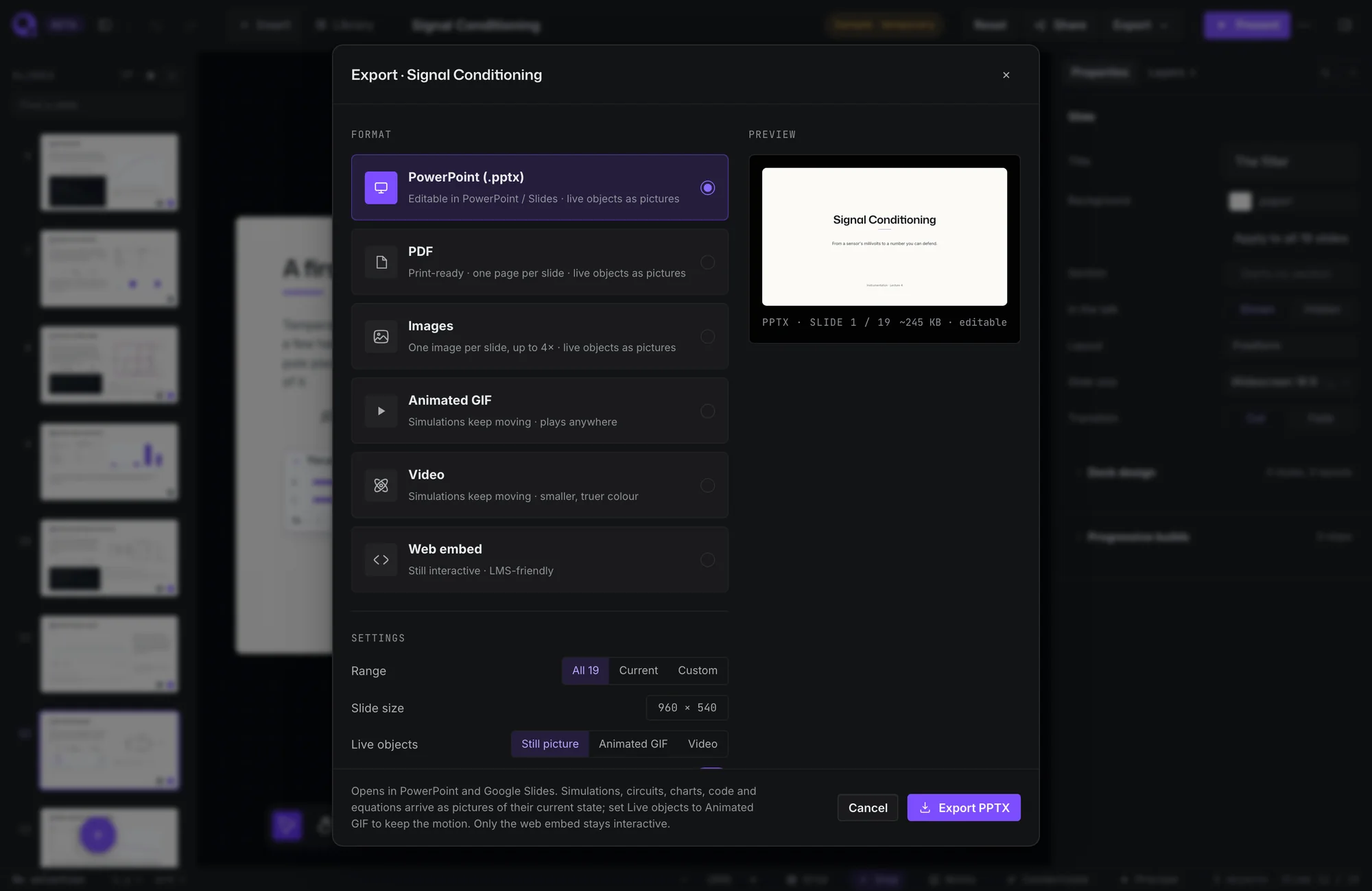 The export dialog offering PowerPoint, PDF, images, animated GIF, video and a web embed