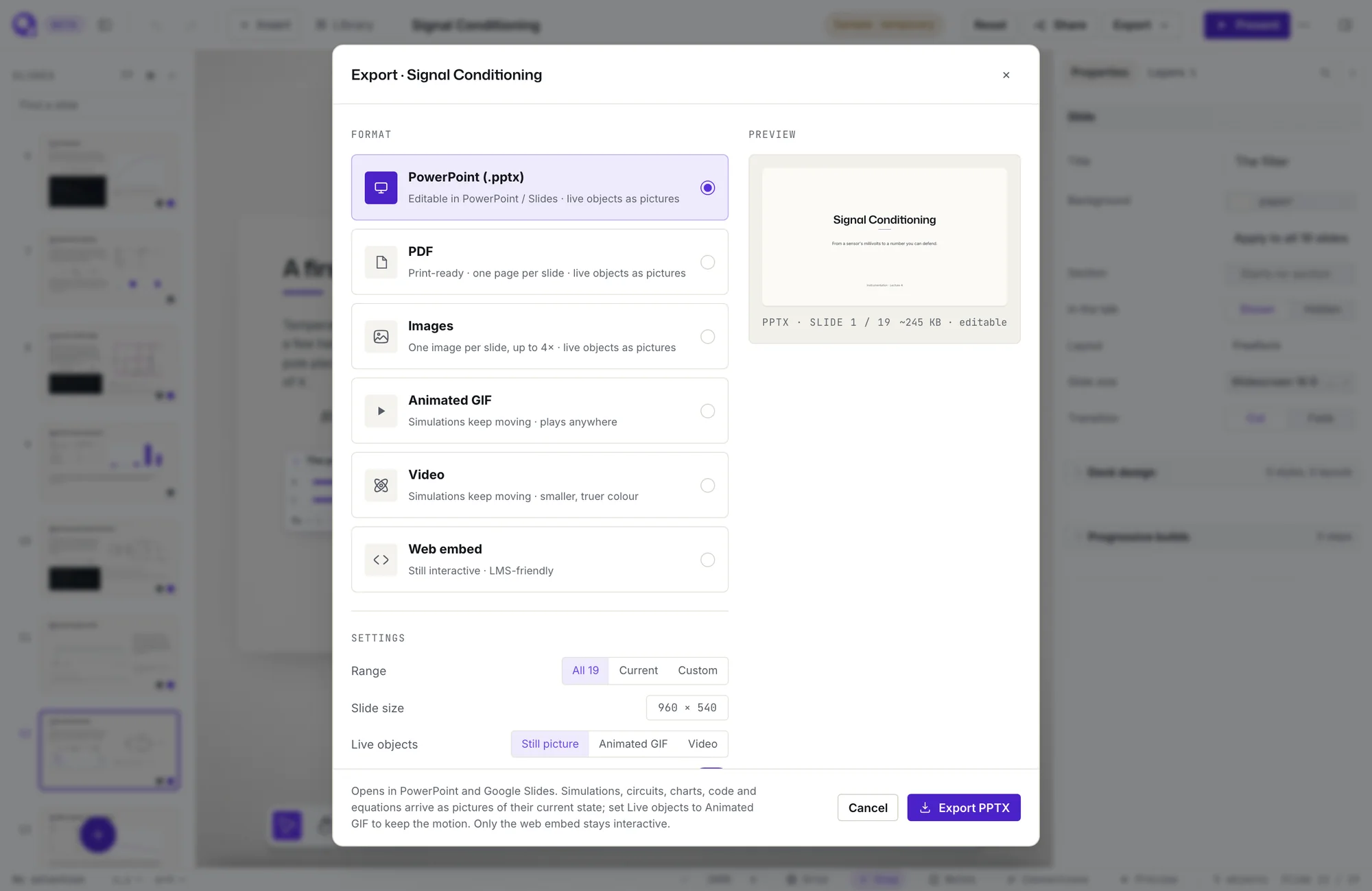 The export dialog offering PowerPoint, PDF, images, animated GIF, video and a web embed