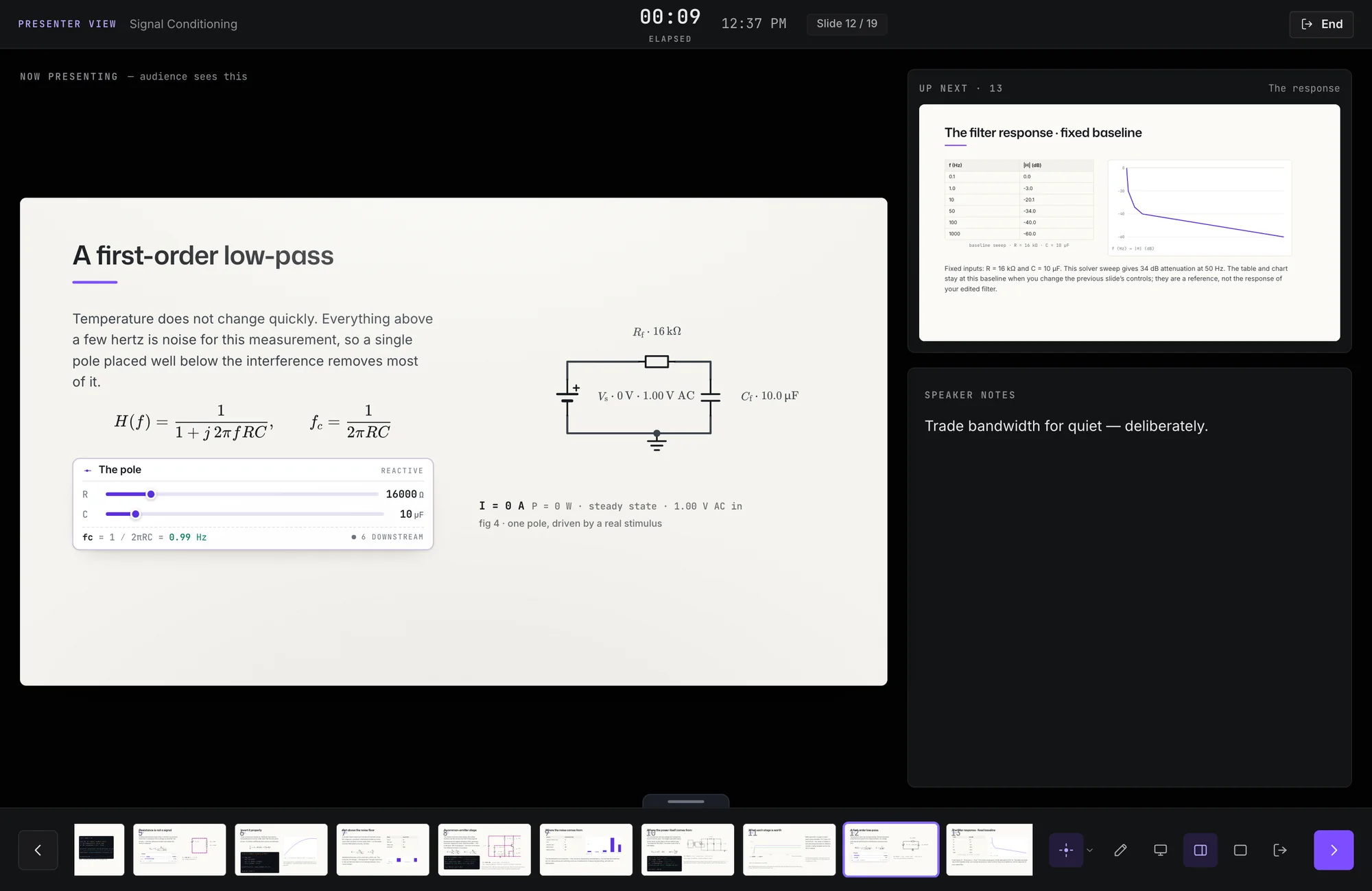 Presenter view with the current slide, the next slide, speaker notes, a timer and a filmstrip