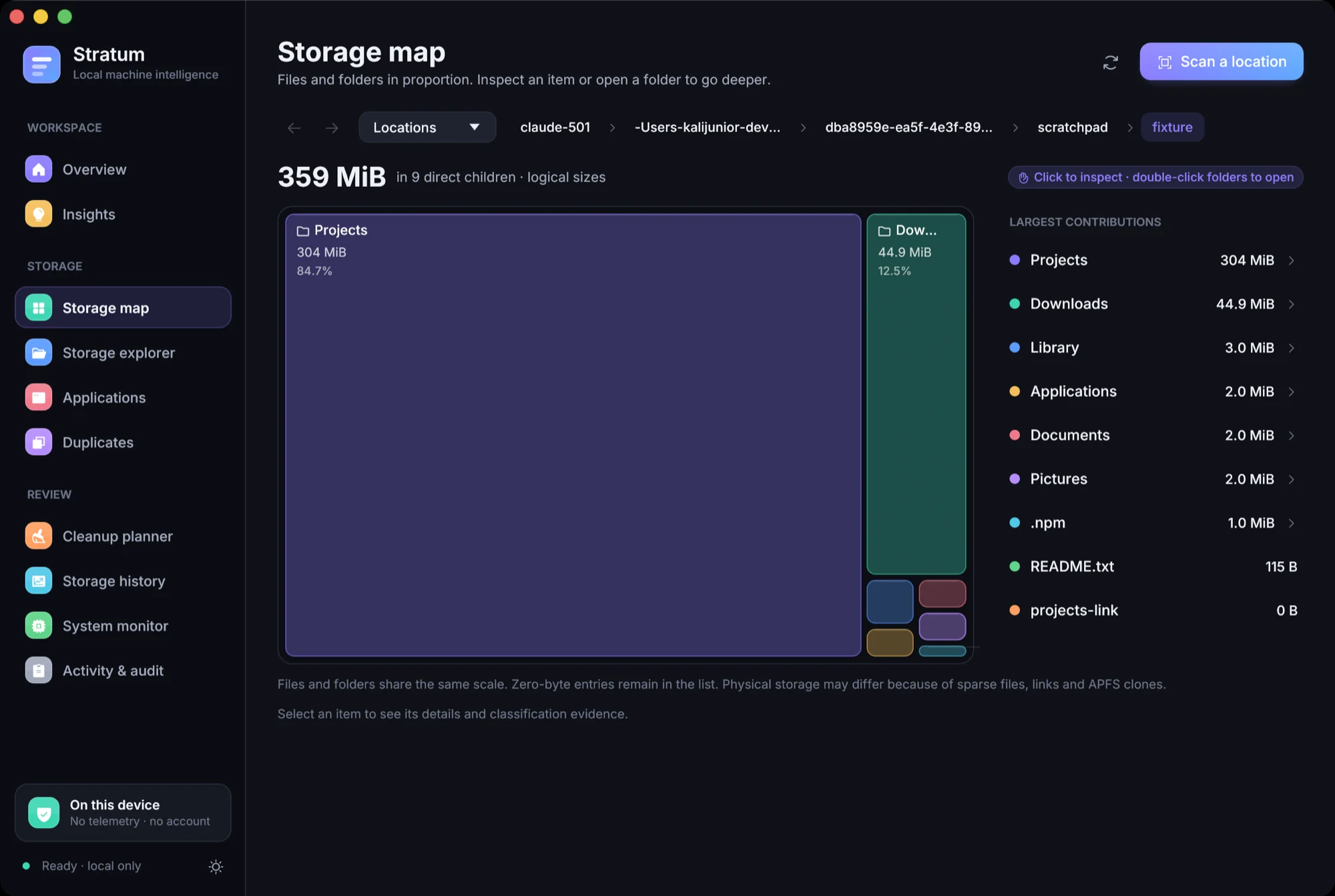 Veyra's storage map: a treemap of the indexed filesystem with the inspector open