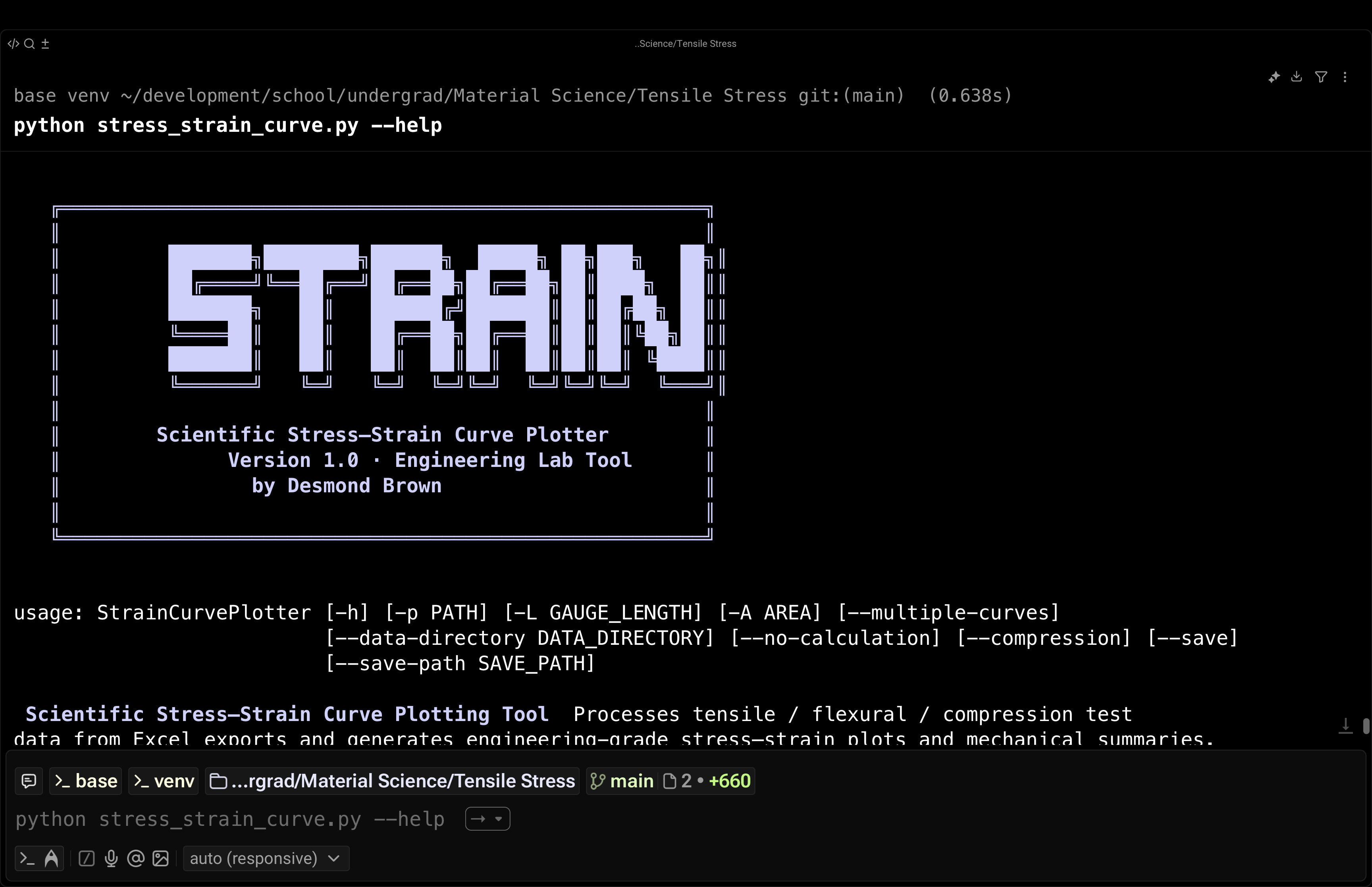 Terminal output of the strain command showing its help and a run over a UTM export